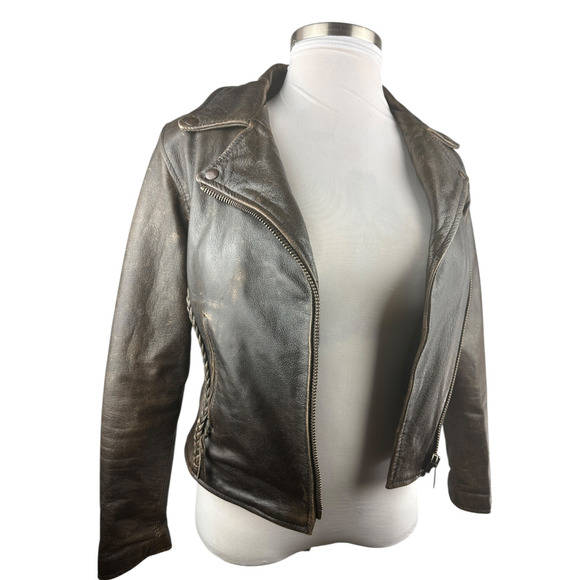 Unik Distressed Brown Leather Braided Moto Motorcycle Jacket Cross Zip Size XS - Picture 2 of 16